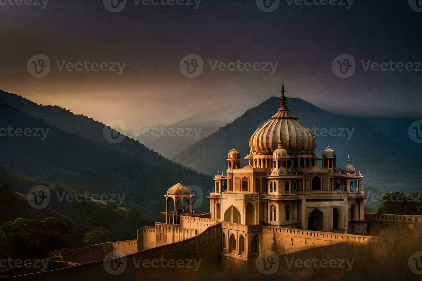 el templo es rodeado por montañas y arboles generado por ai foto