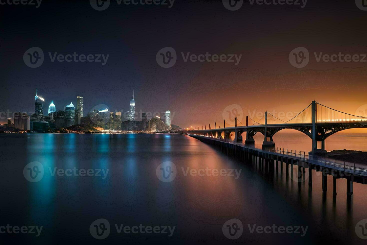 a long exposure photograph of a bridge and city skyline at night. AI-Generated photo