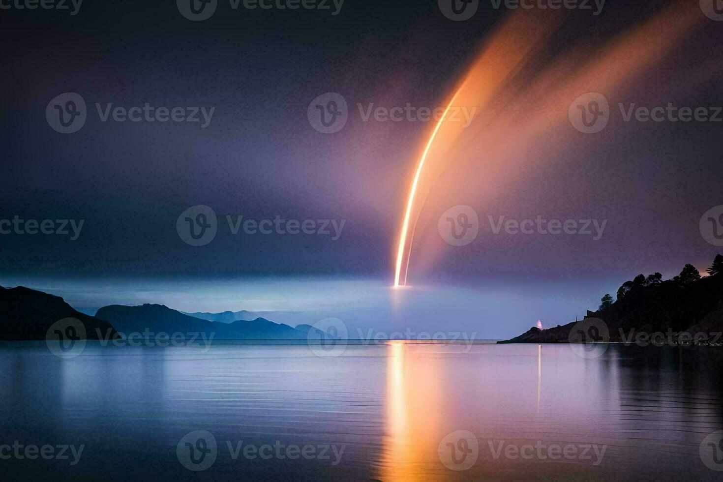 a rocket is seen in the sky as it streaks across the water. AI-Generated photo