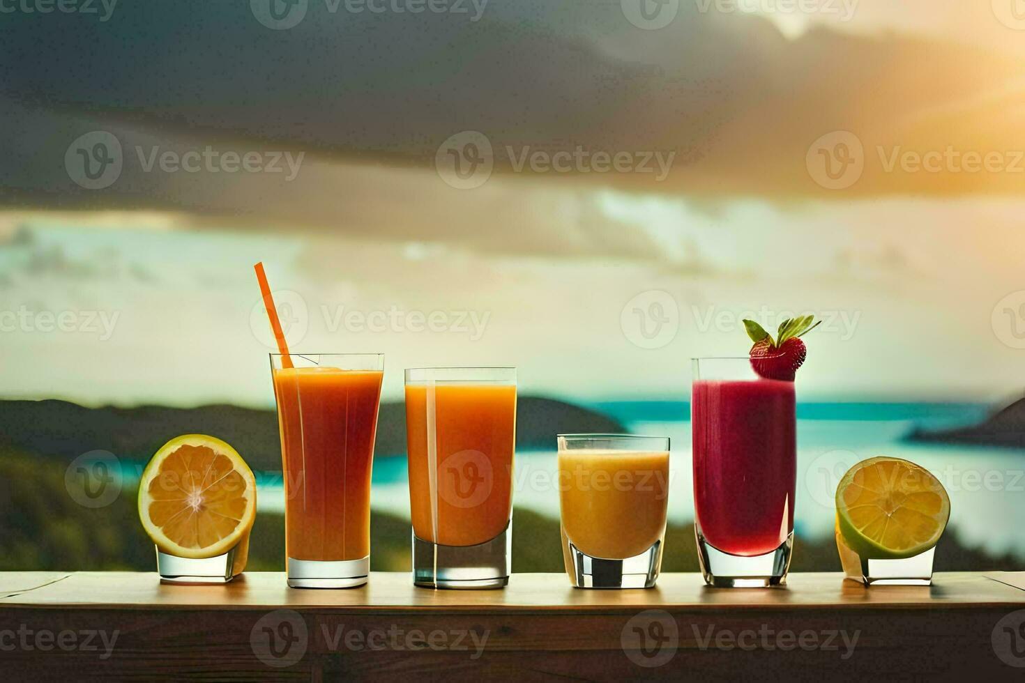 five different types of juices are lined up on a table. AI-Generated photo