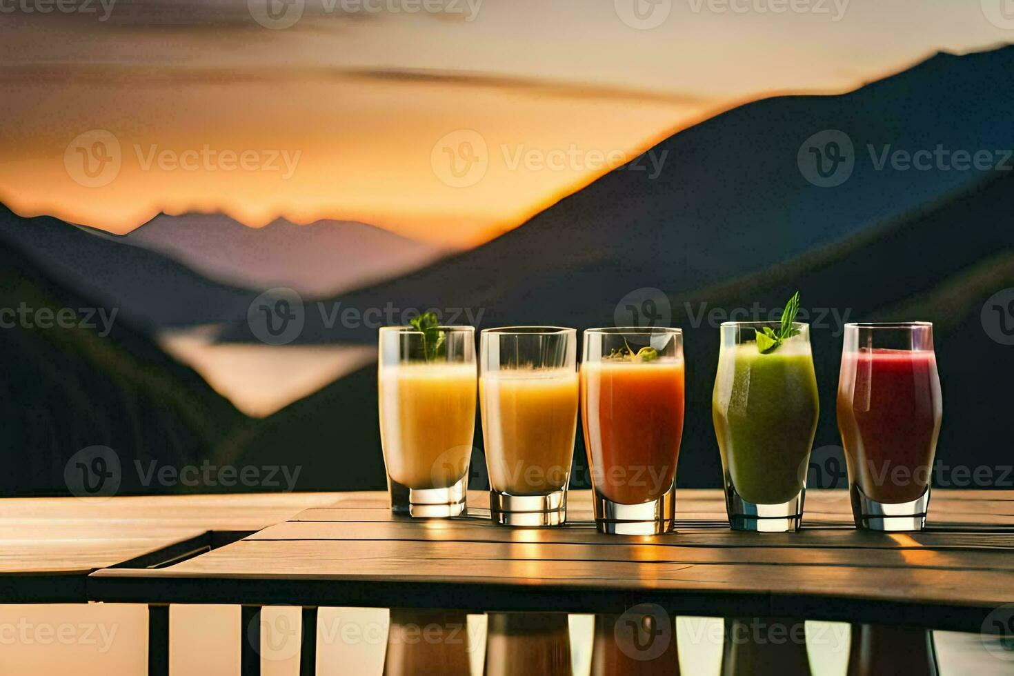 cinco lentes de jugo en un mesa en frente de un montaña. generado por ai foto