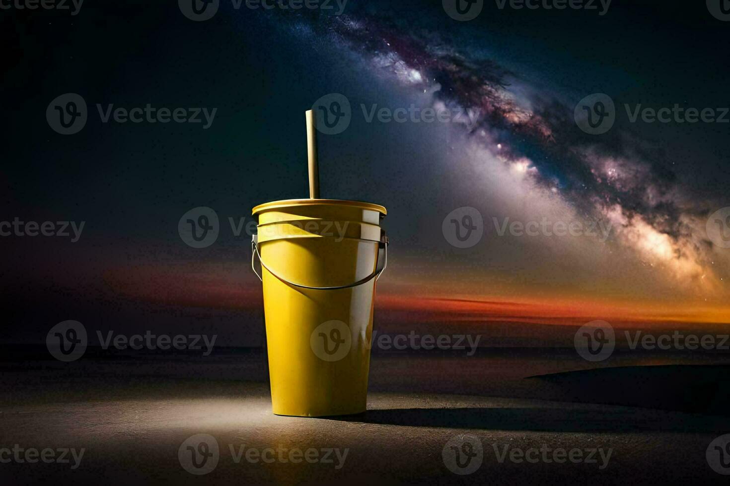 a yellow bucket with a straw sitting on the beach at night. AI-Generated photo