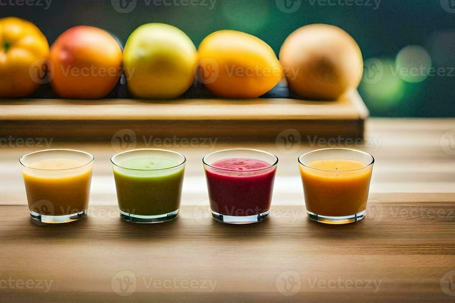 five different types of juices in glasses. AI-Generated photo