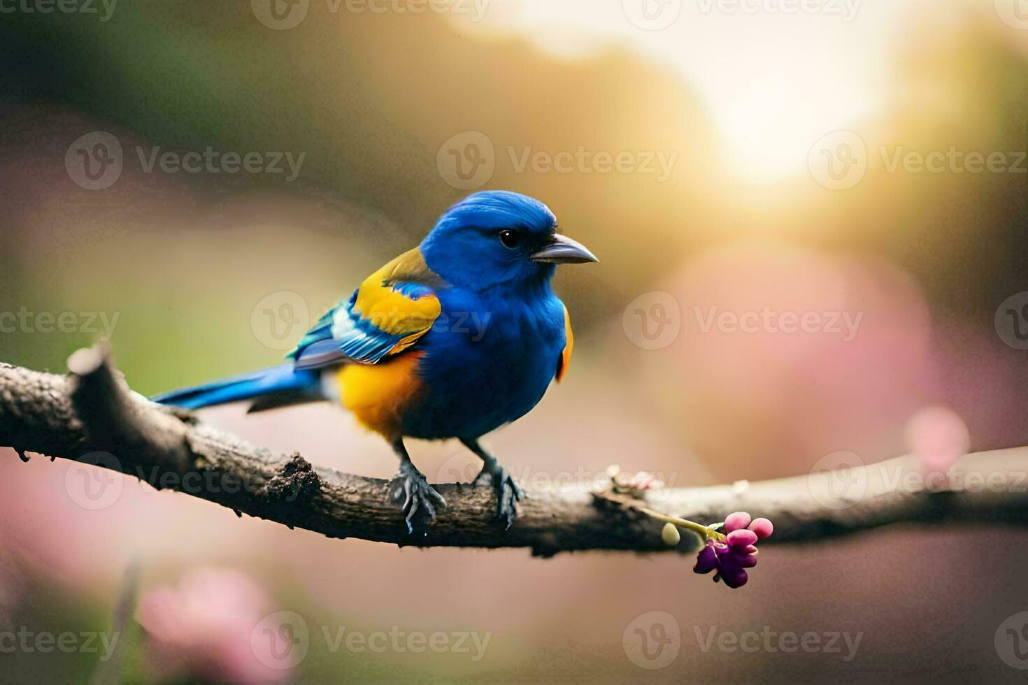 a blue and yellow bird sitting on a branch. AI-Generated photo