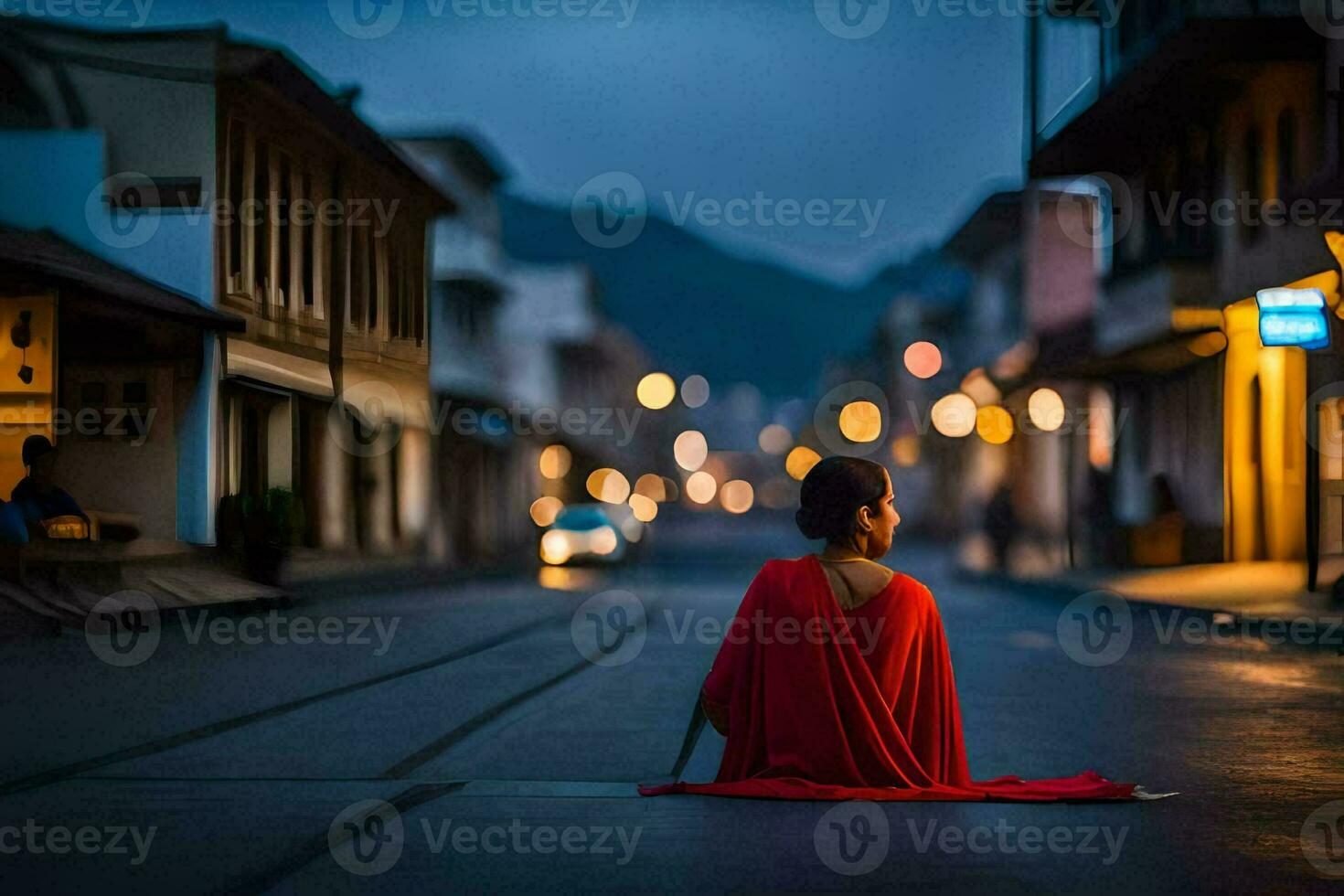 a woman in a red dress sits on the street at night. AI-Generated photo