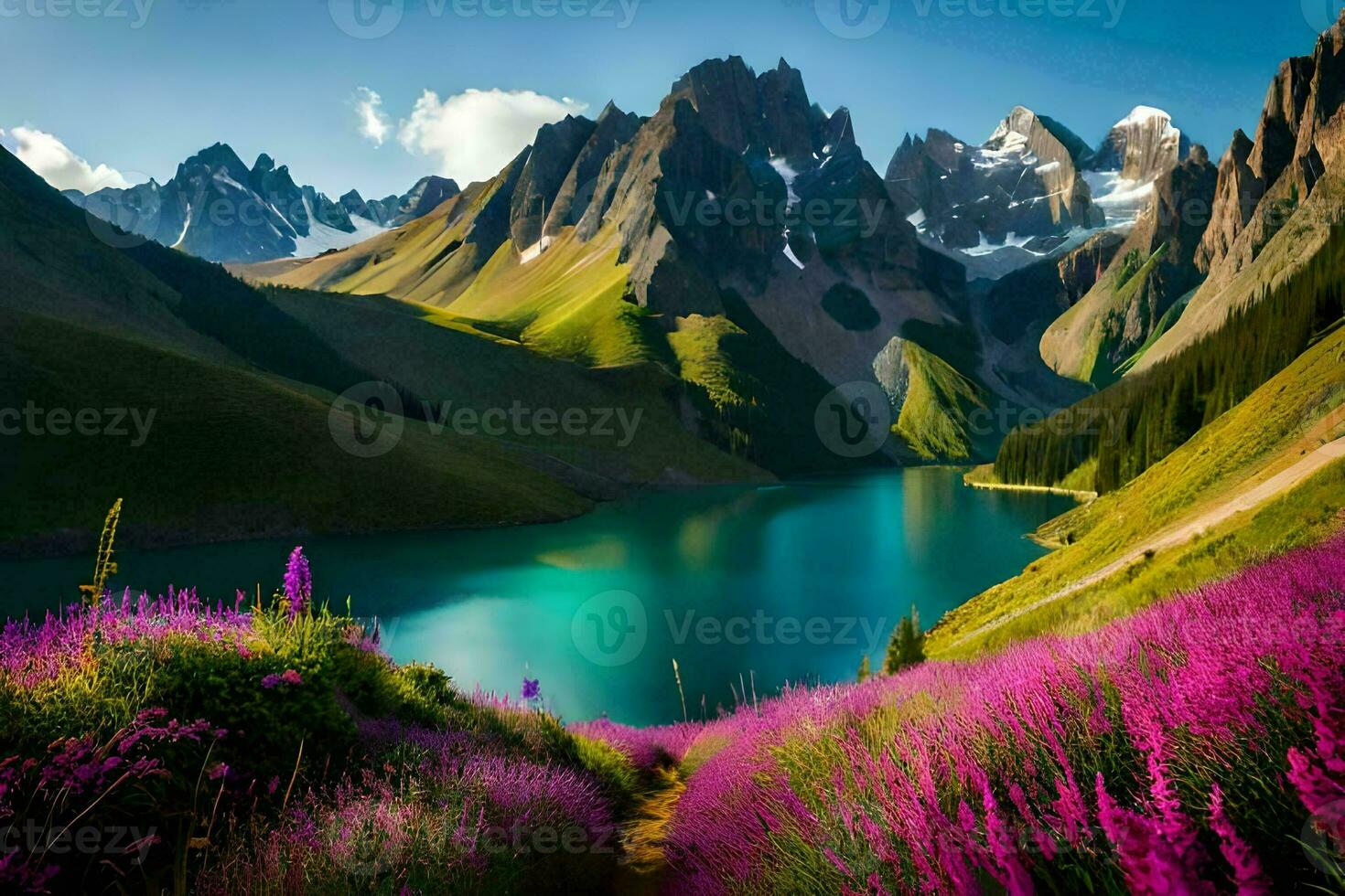 the lake is surrounded by purple flowers and mountains. AI-Generated photo