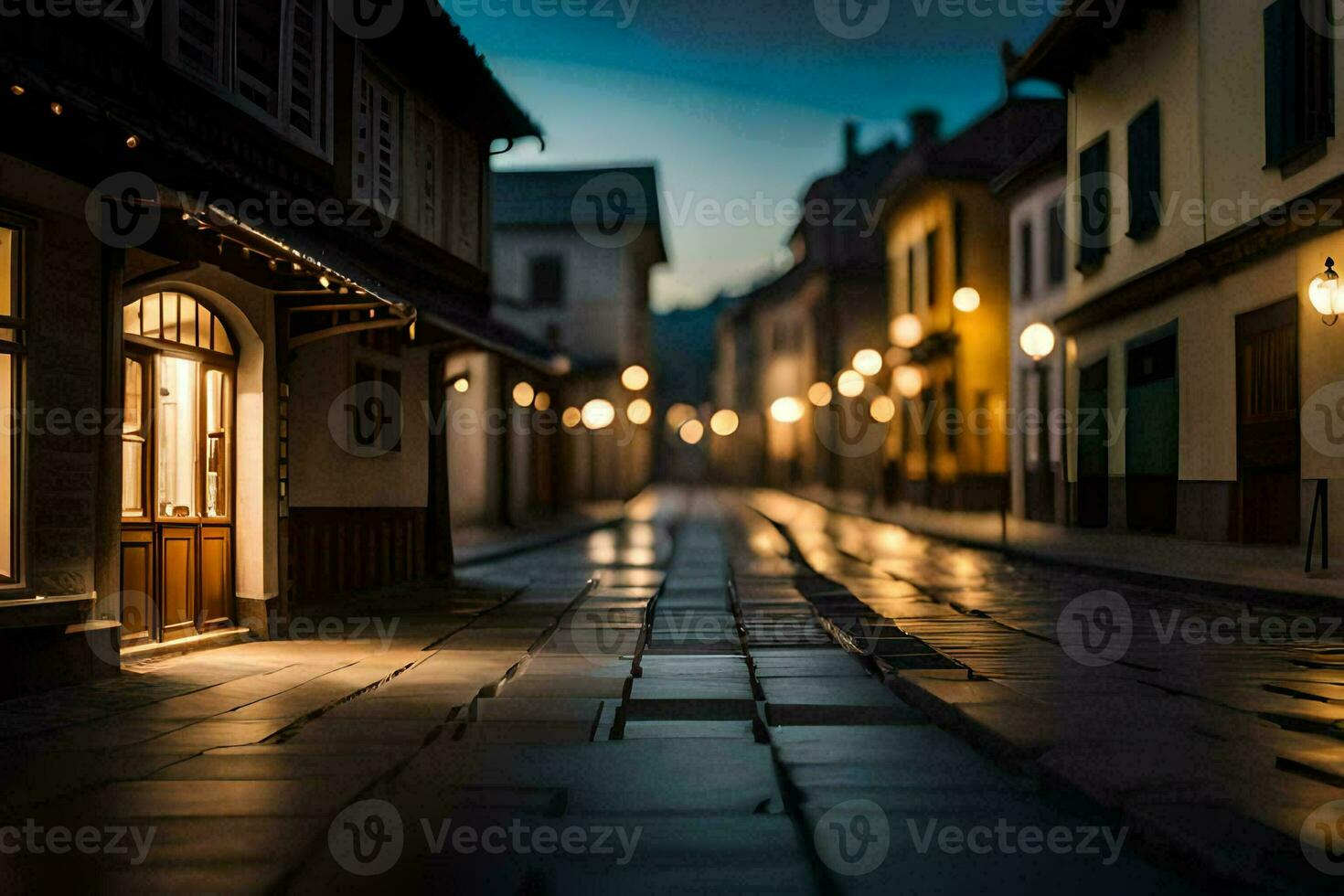 un calle a noche con luces en el edificios generado por ai foto