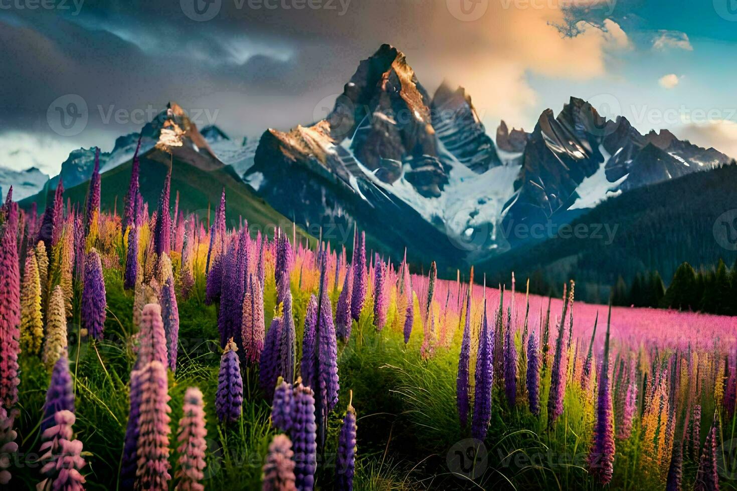 the lupine field in the mountains. AI-Generated photo