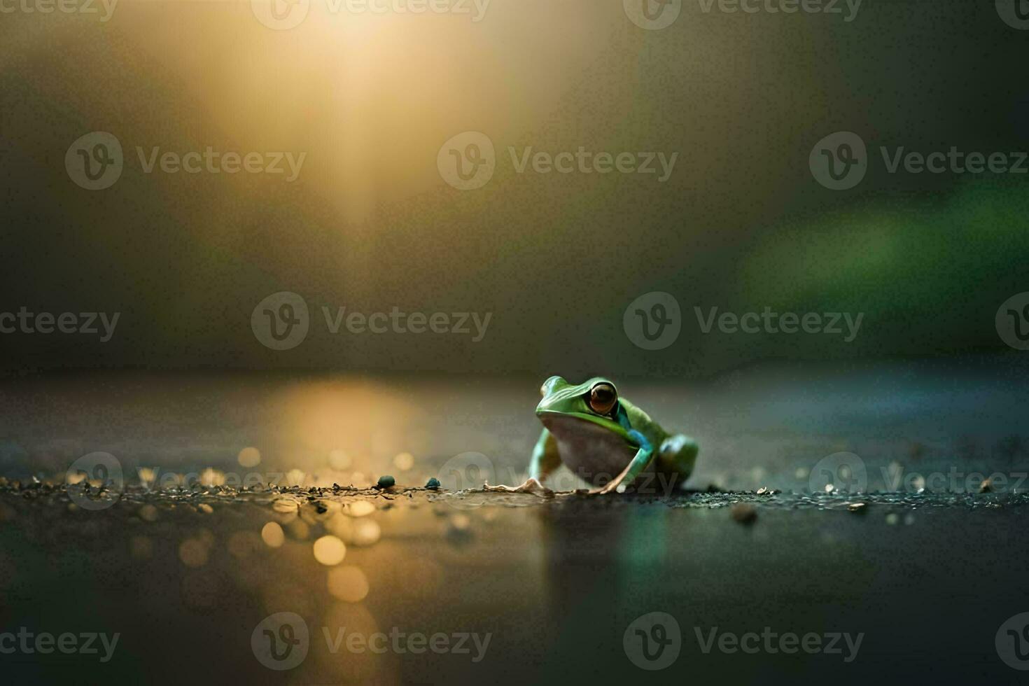a frog sitting on the ground in the sun. AI-Generated photo