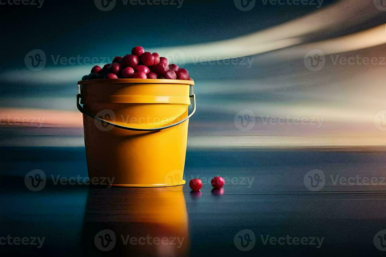 a bucket of cherries on a table with a blurry background. AI-Generated photo