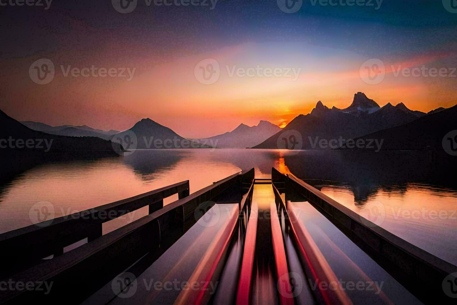 a boat is docked at the end of a pier in front of mountains. AI-Generated photo