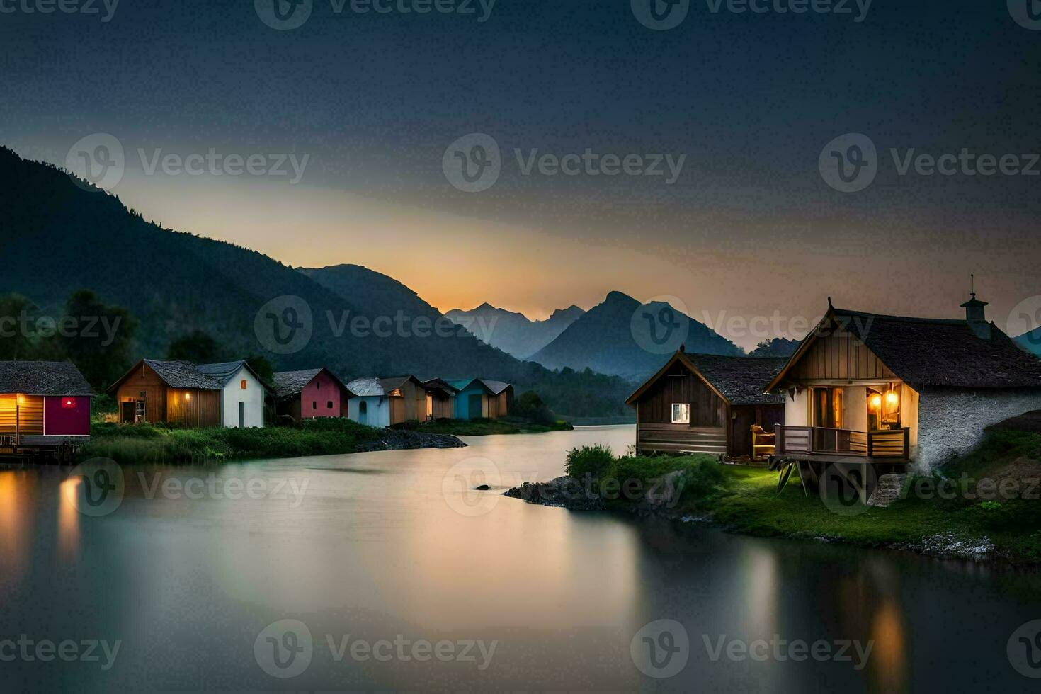 photo wallpaper the sky, mountains, water, the river, houses, the mountains, the lake. AI-Generated