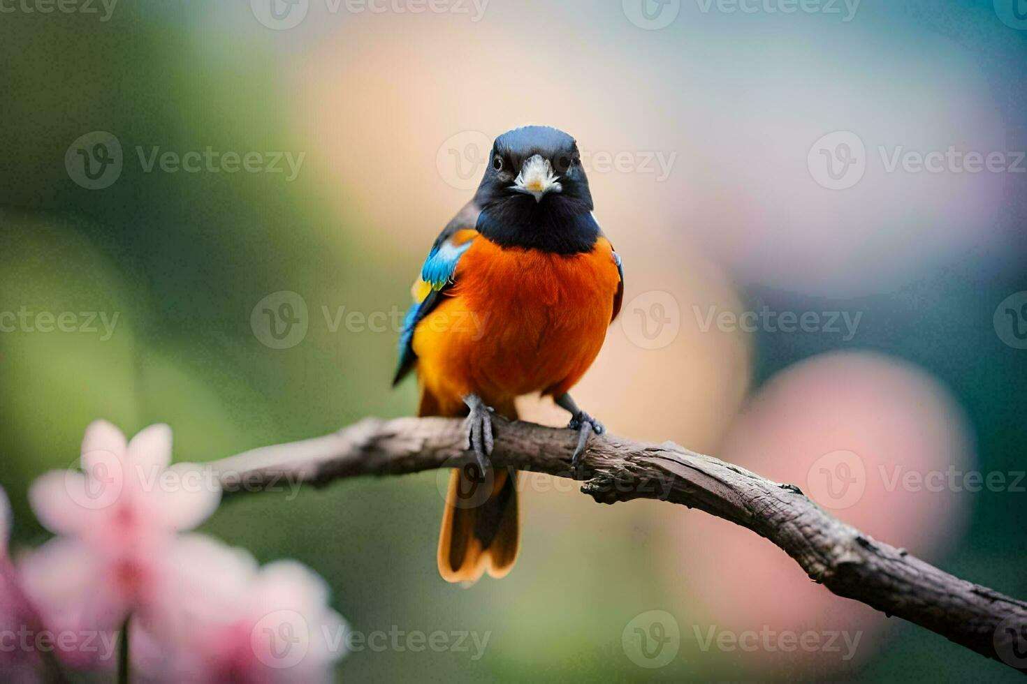 un vistoso pájaro se sienta en un rama con rosado flores generado por ai foto