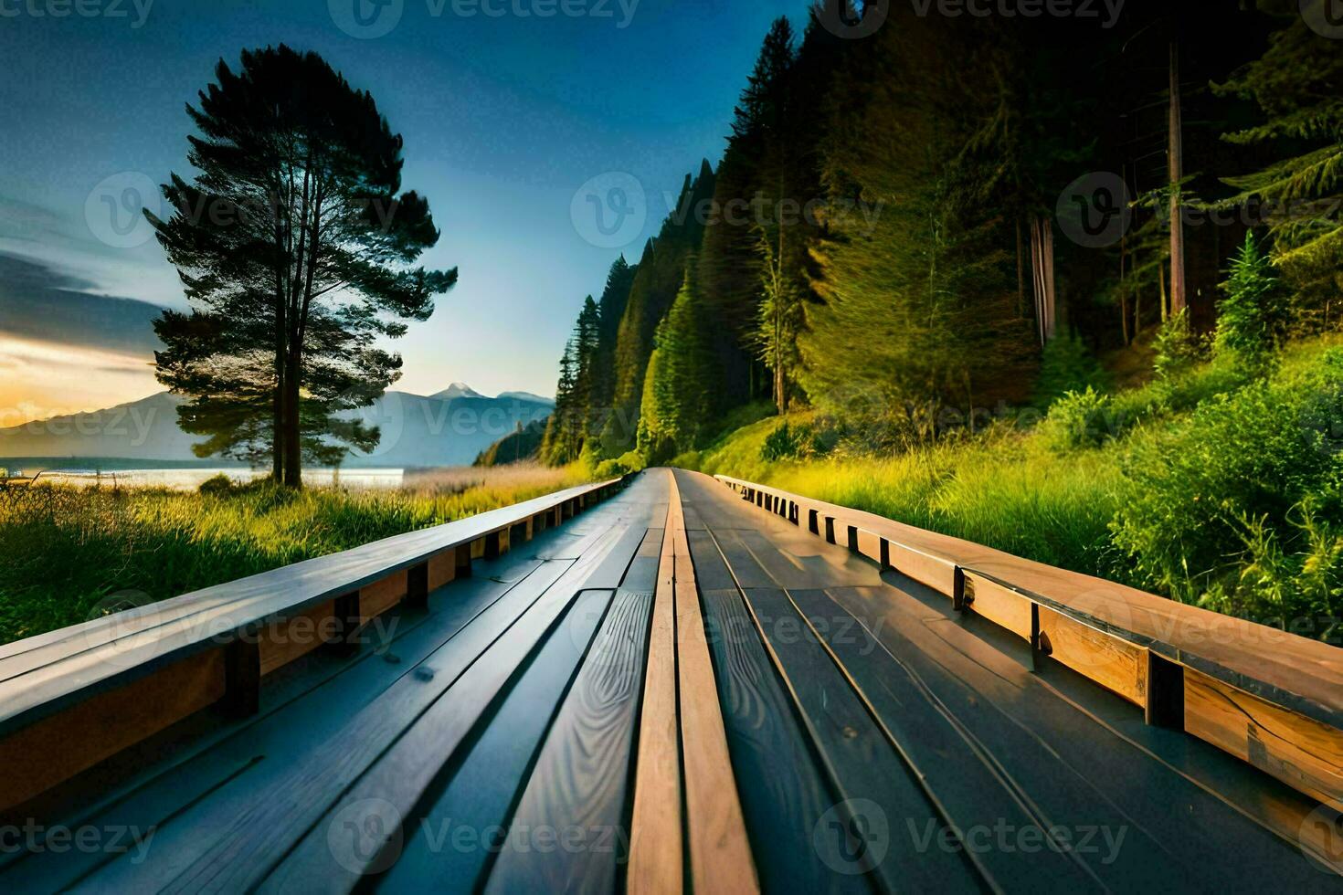a wooden walkway leads to a lake and mountains. AI-Generated photo