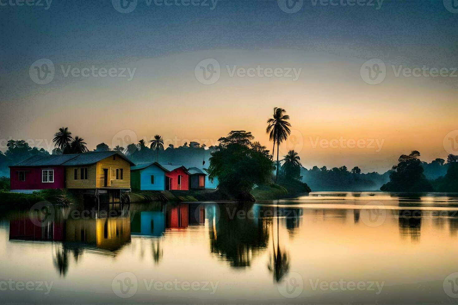 colorful houses on the water at sunset. AI-Generated photo