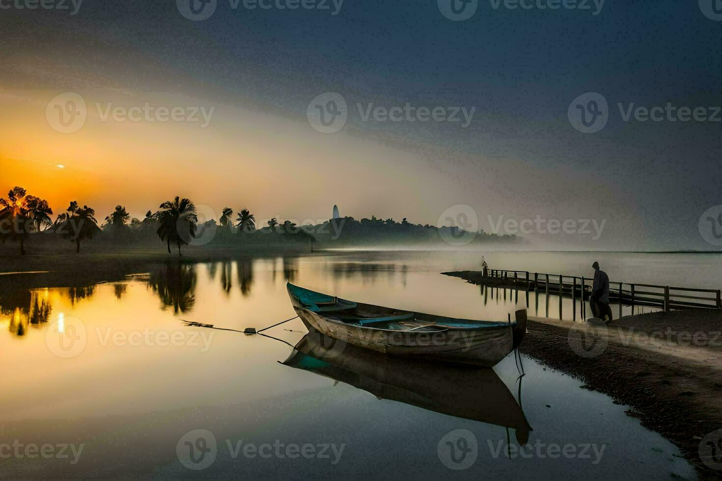 a boat sits on the shore at sunrise. AI-Generated photo