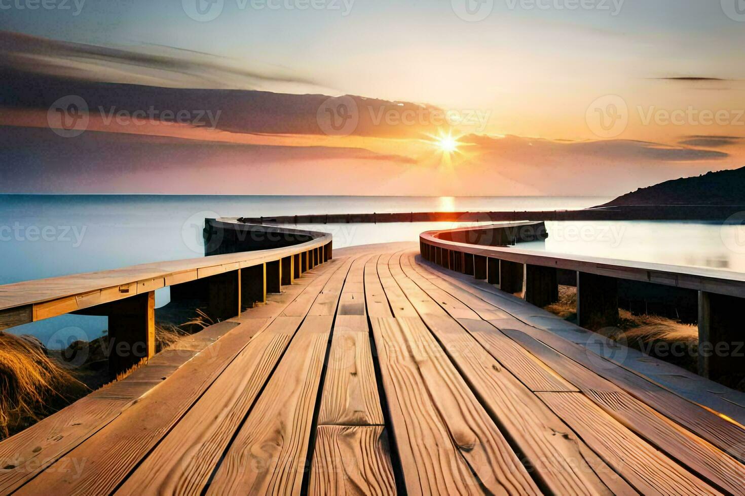 a wooden bridge over the ocean at sunset. AI-Generated photo