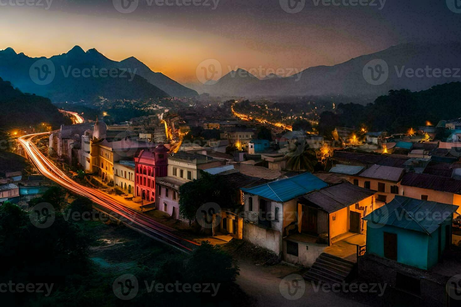 a town at dusk with a mountain range in the background. AI-Generated photo