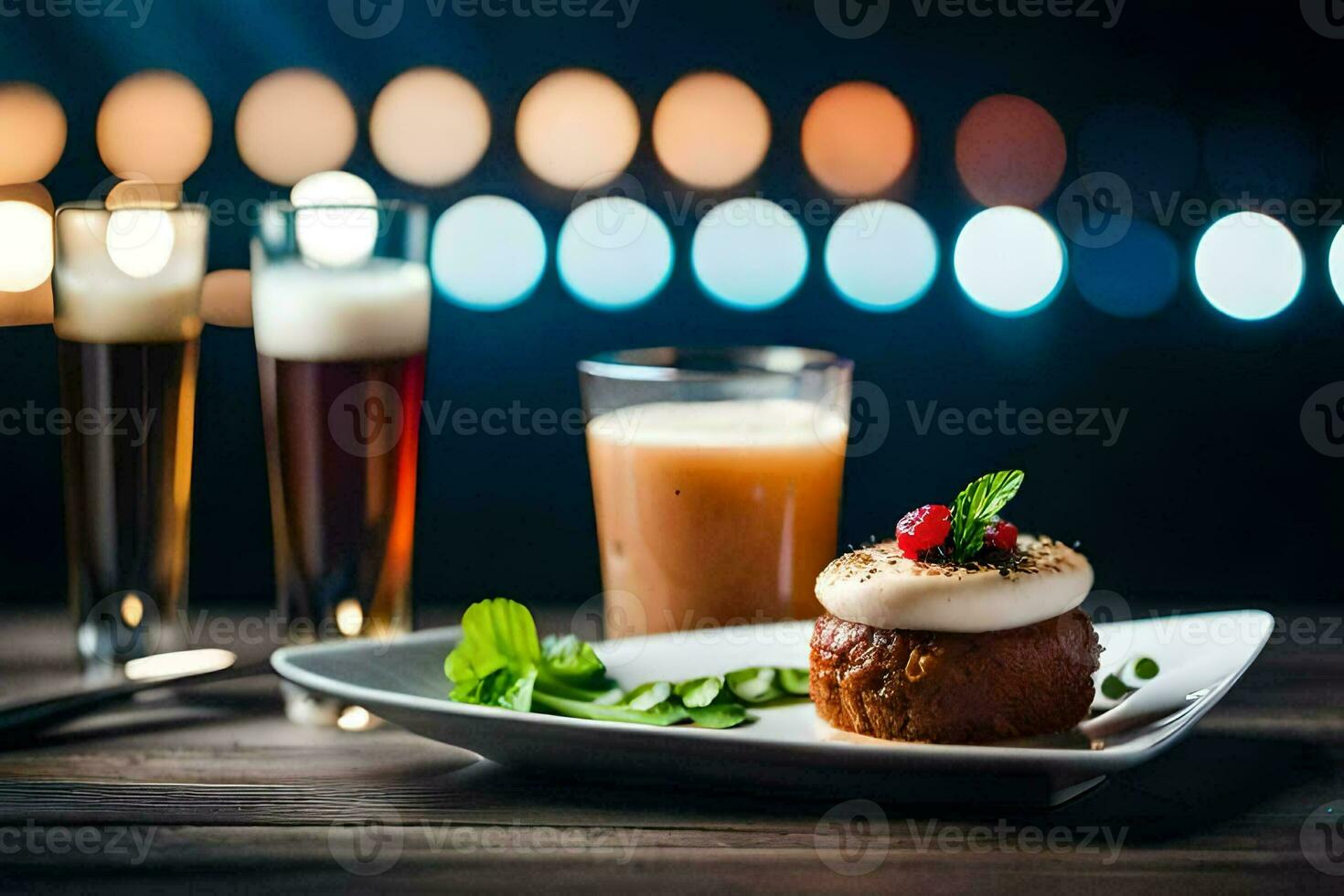 a dessert and a glass of beer on a table. AI-Generated photo