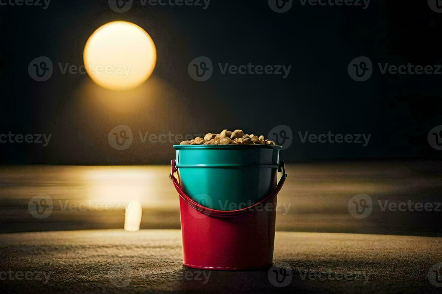 a bucket of peanuts sitting on a table in front of a full moon. AI-Generated photo