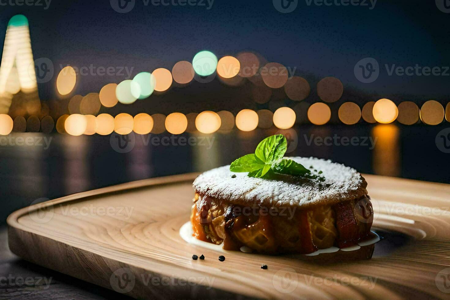 a dessert on a wooden plate with a city view. AI-Generated photo