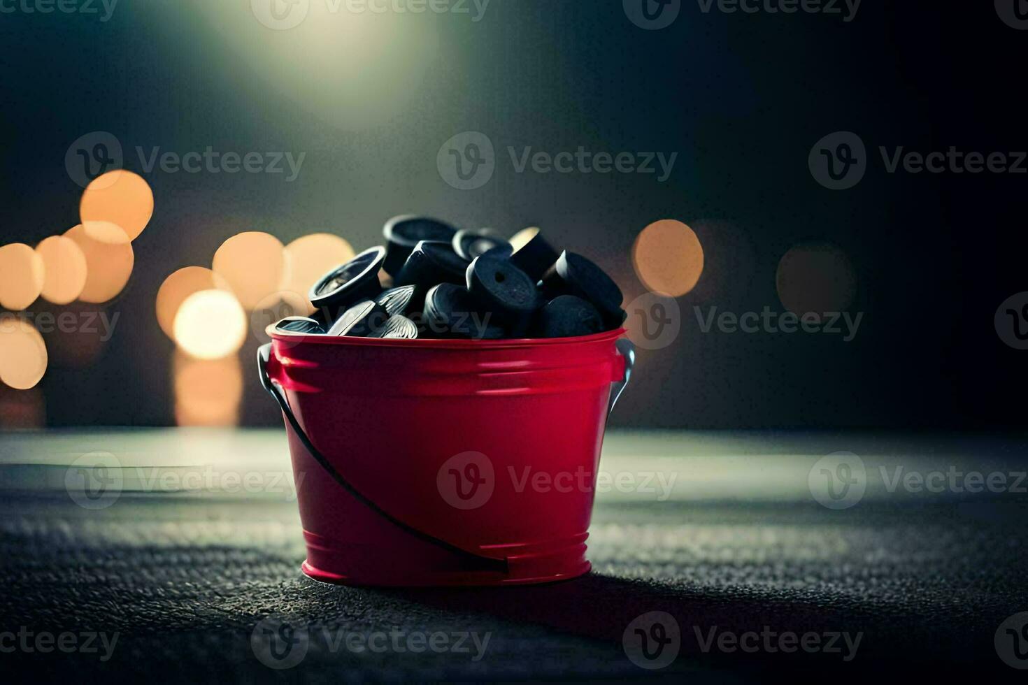 a red bucket filled with black rocks. AI-Generated photo