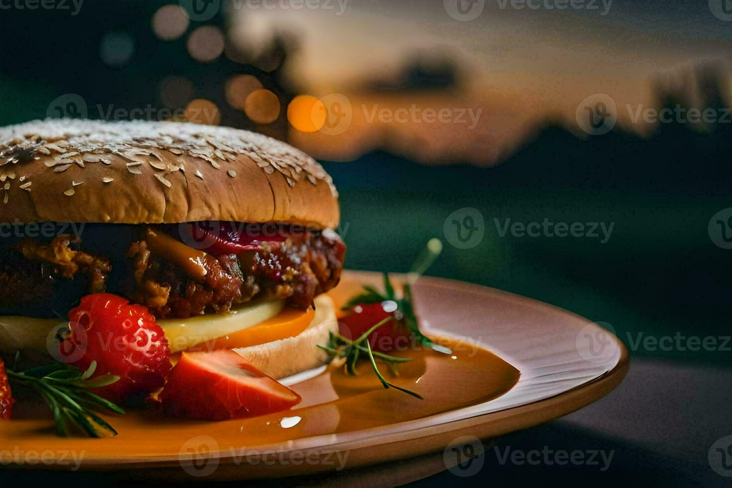 a hamburger with strawberries and cheese on a plate. AI-Generated photo