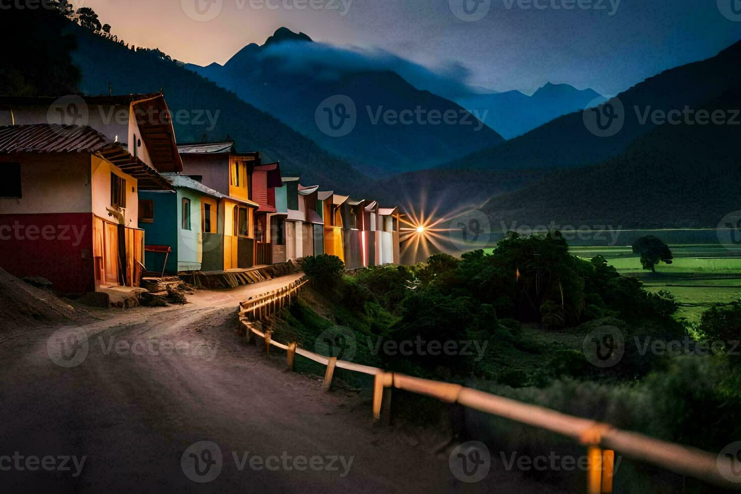 a road leading to a village in the mountains. AI-Generated photo