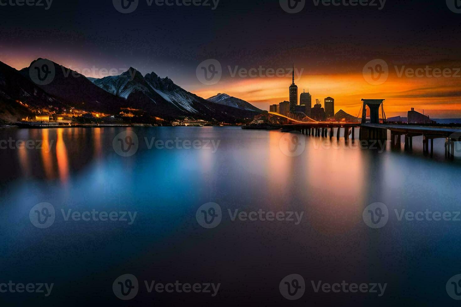 un ciudad horizonte a puesta de sol con montañas en el antecedentes. generado por ai foto