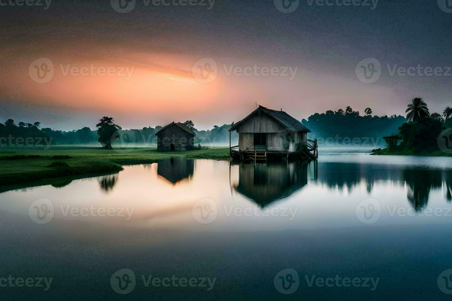 un casa se sienta en el borde de un lago a amanecer. generado por ai foto