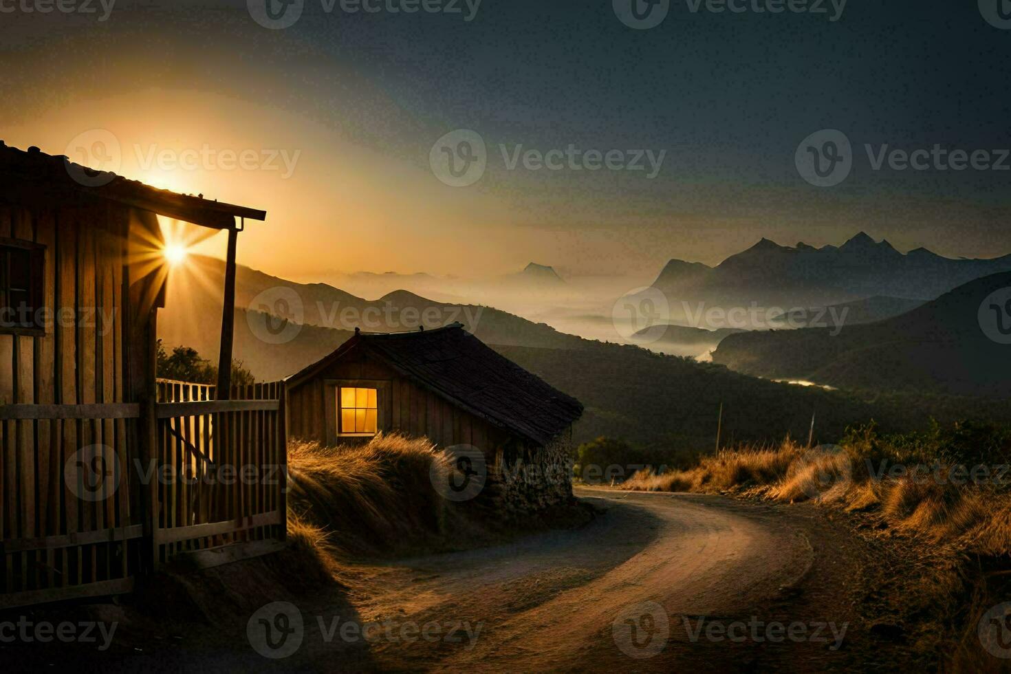 the sun rises over a mountain road and cabin. AI-Generated photo