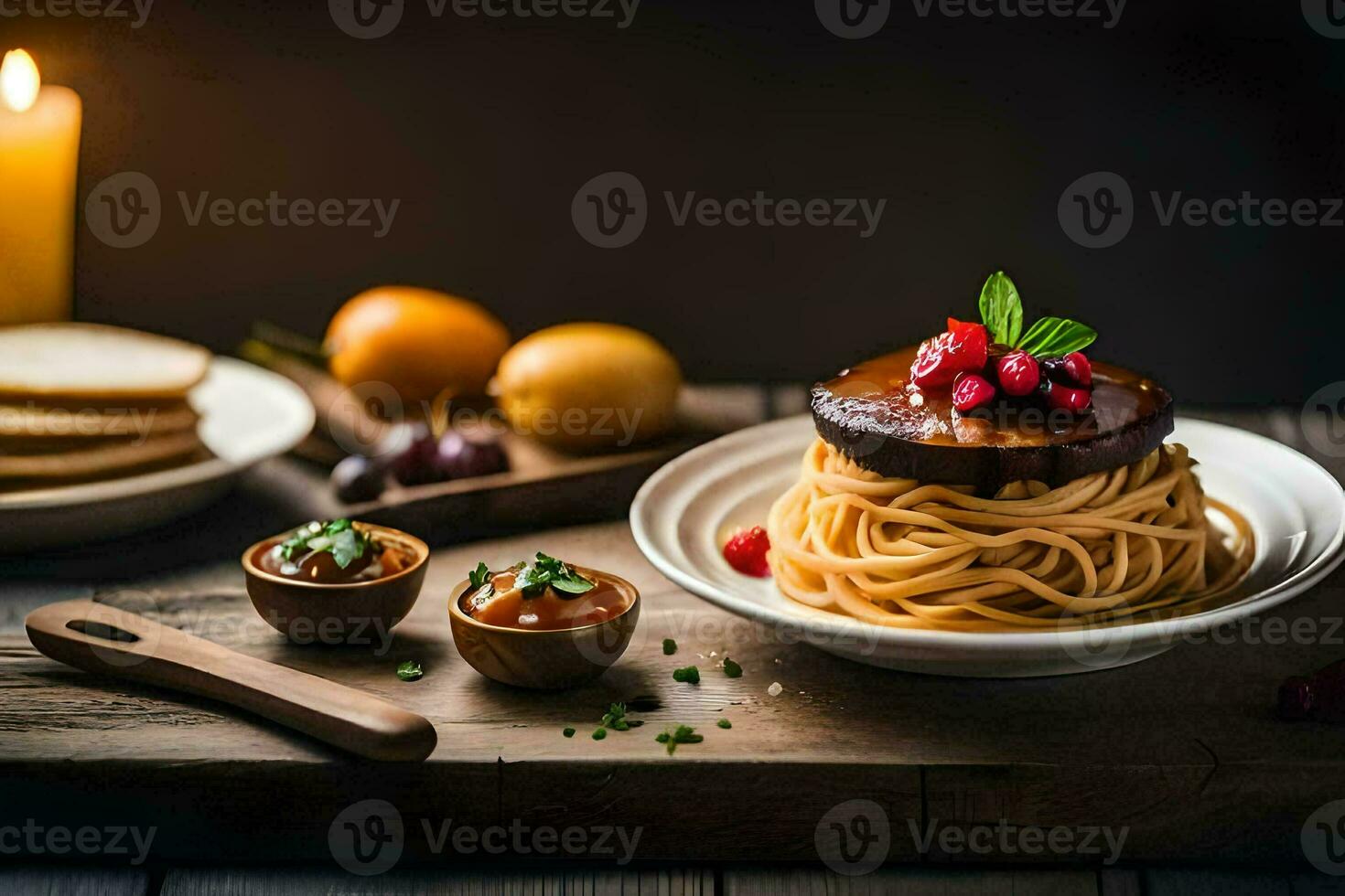spaghetti with meat sauce and berries on a wooden table. AI-Generated photo
