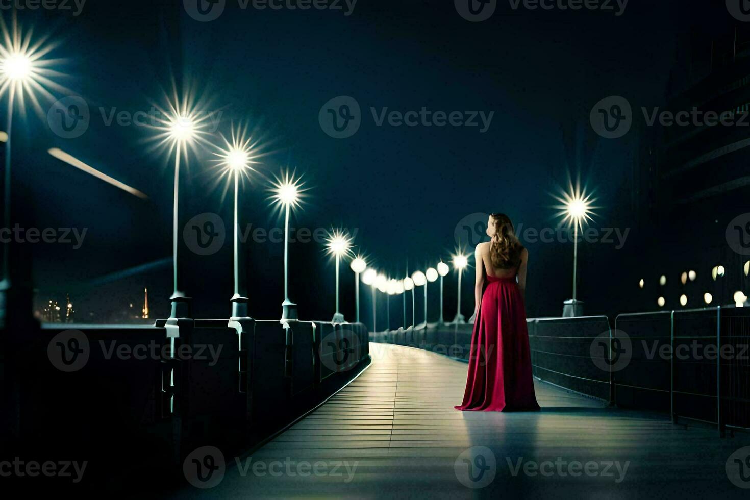 un mujer en un rojo vestir soportes en un puente a noche. generado por ai foto