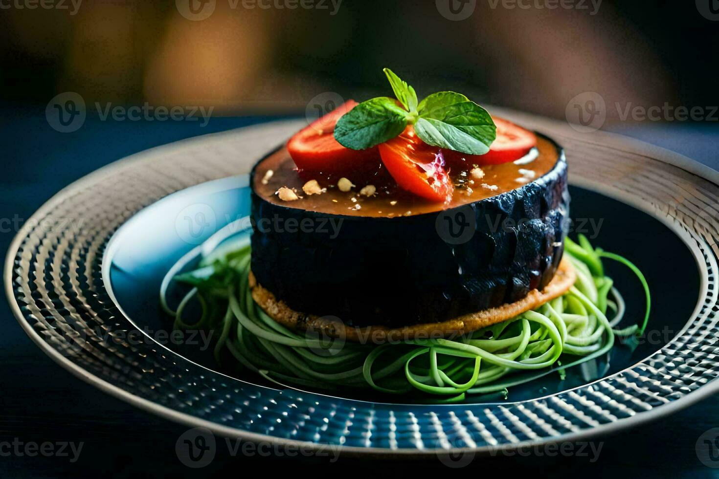 un negro plato coronado con un pastel y adornado con fresas generado por ai foto