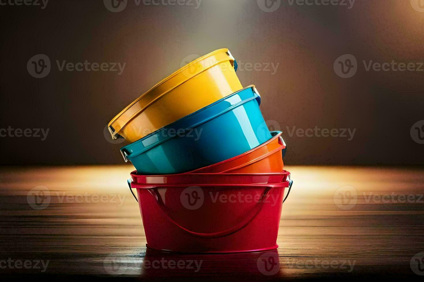 a stack of colorful buckets on a wooden table. AI-Generated photo