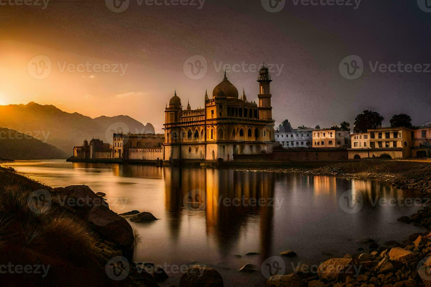 the sun sets over a mosque in india. AI-Generated photo