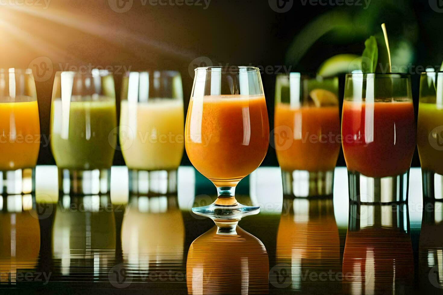 a row of different colored juices in glasses. AI-Generated photo