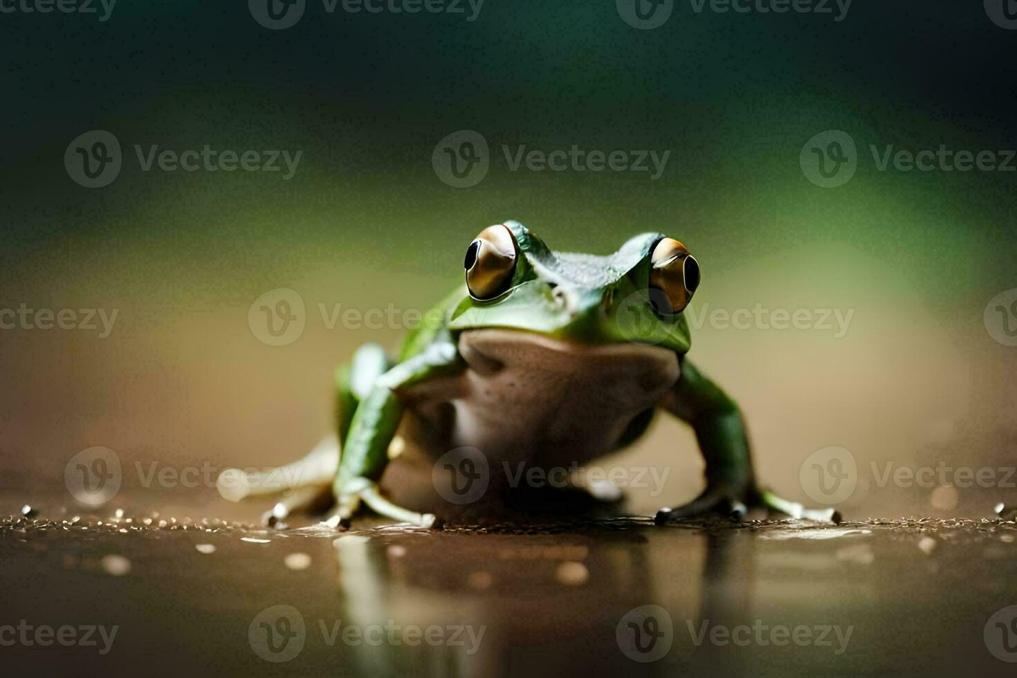 a frog sitting on the ground with a green background. AI-Generated photo