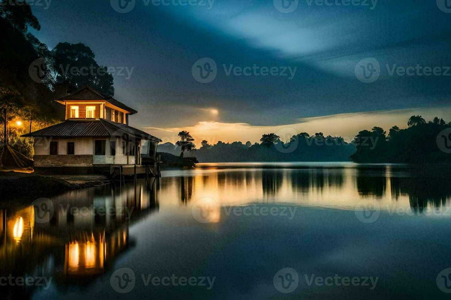 a small house sits on the shore of a lake at dusk. AI-Generated photo