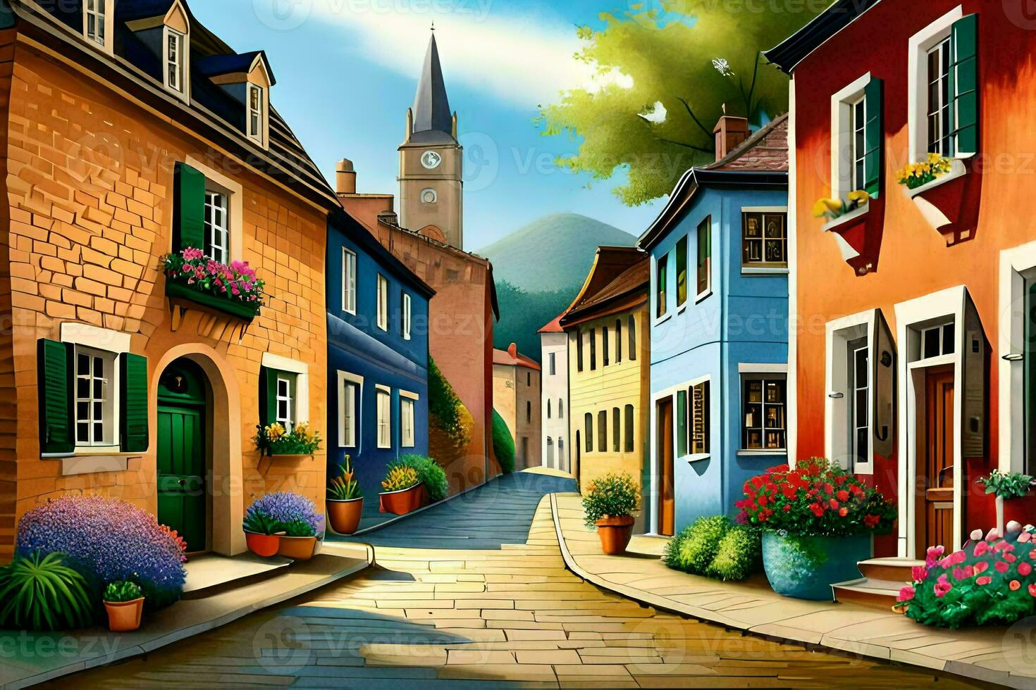 an illustration of a street in a small town. AI-Generated photo