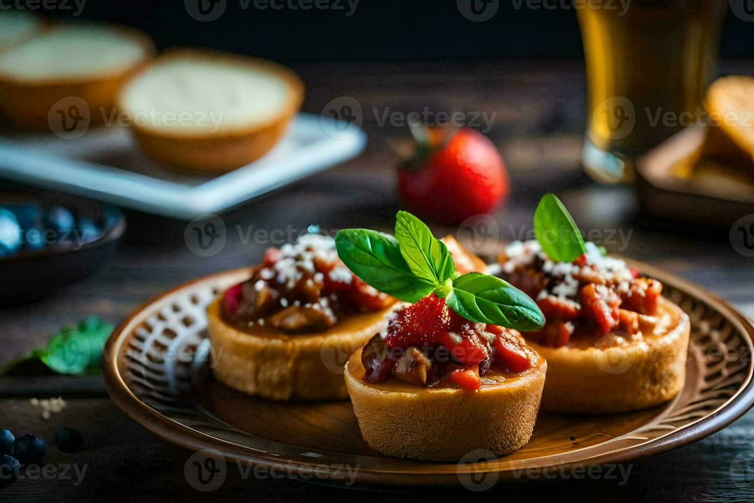 pequeño aperitivos en un plato con un pan y cerveza. generado por ai foto