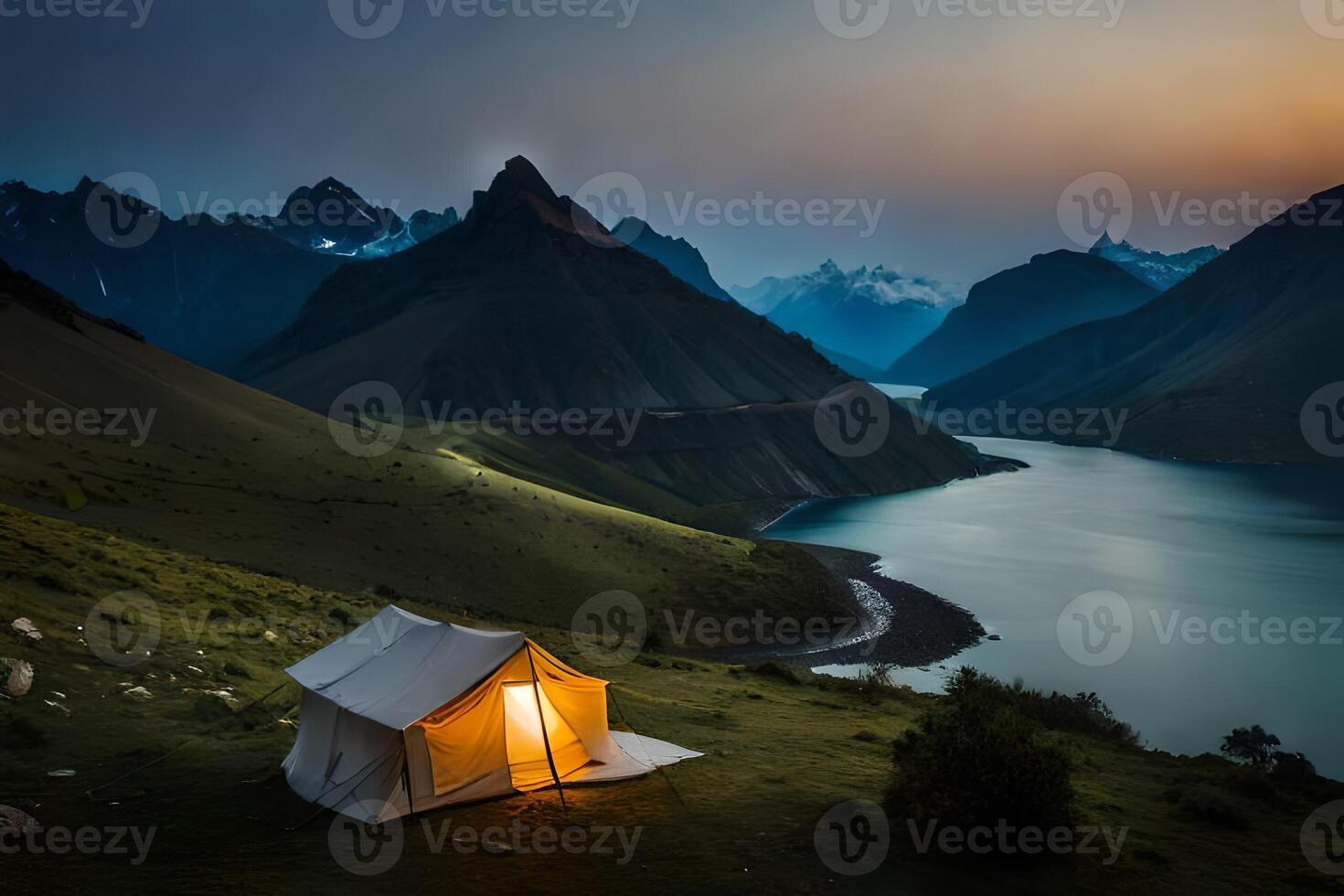 the tent is lit up at dusk in the mountains. AI-Generated photo