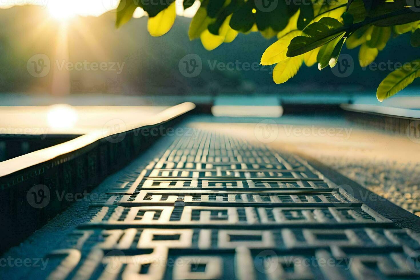 a pathway leading to the water with trees in the background. AI-Generated photo