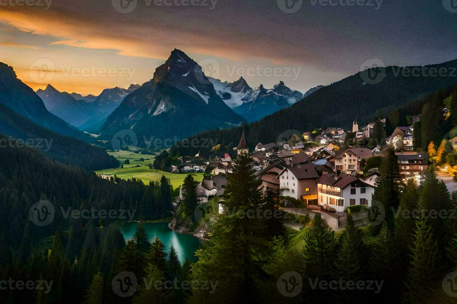 the village of alpina, italy at sunset. AI-Generated photo