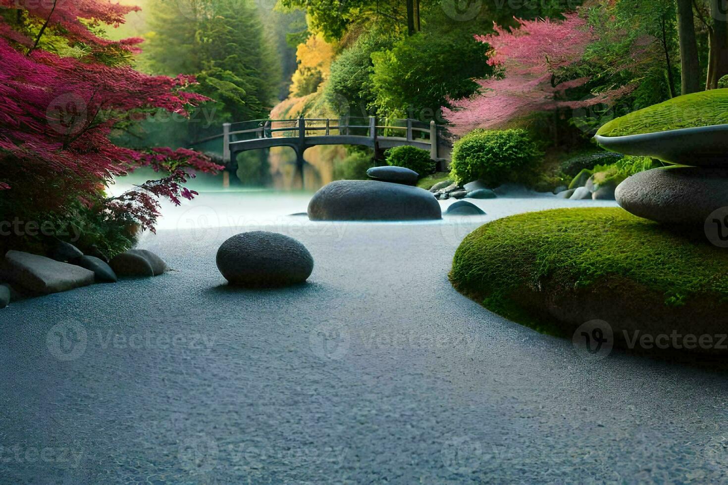 a japanese garden with rocks and trees. AI-Generated photo