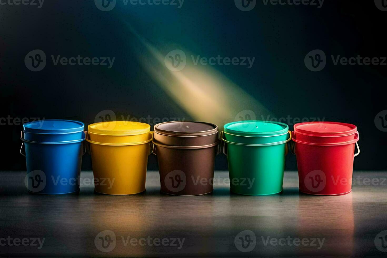 five colorful plastic buckets on a dark table. AI-Generated photo
