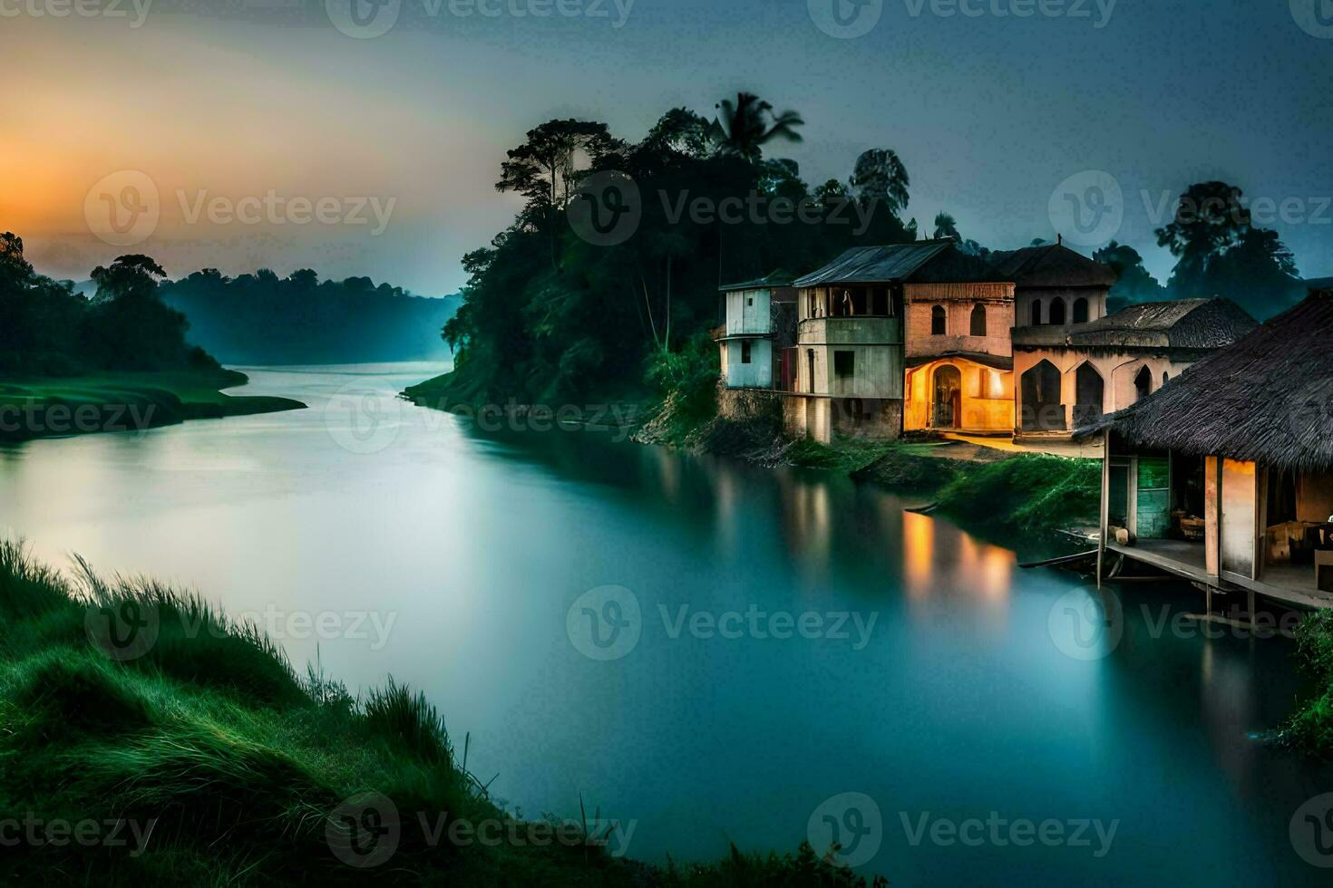 a river in the middle of a village at sunset. AI-Generated photo