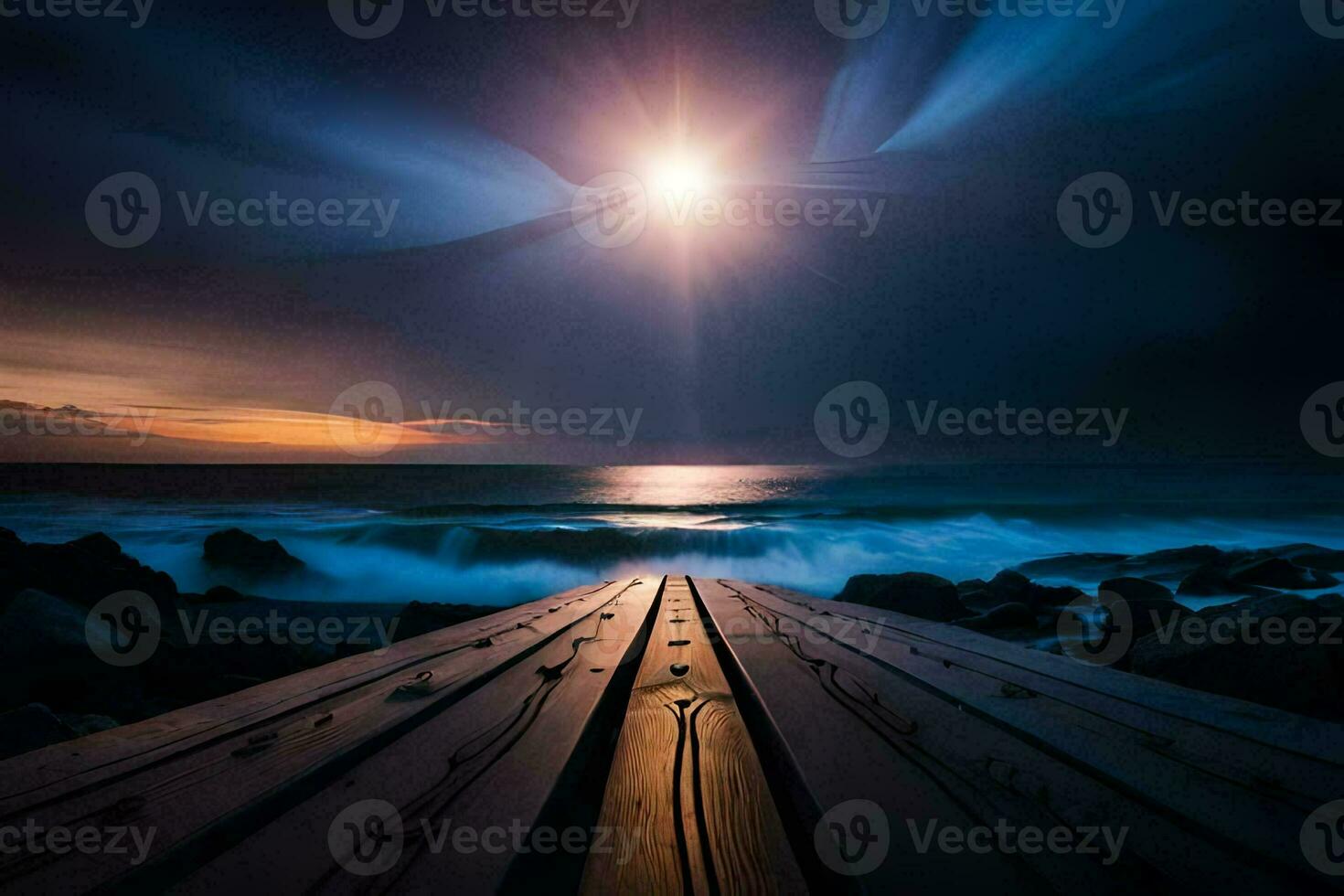 a wooden dock with the sun shining over the ocean. AI-Generated photo