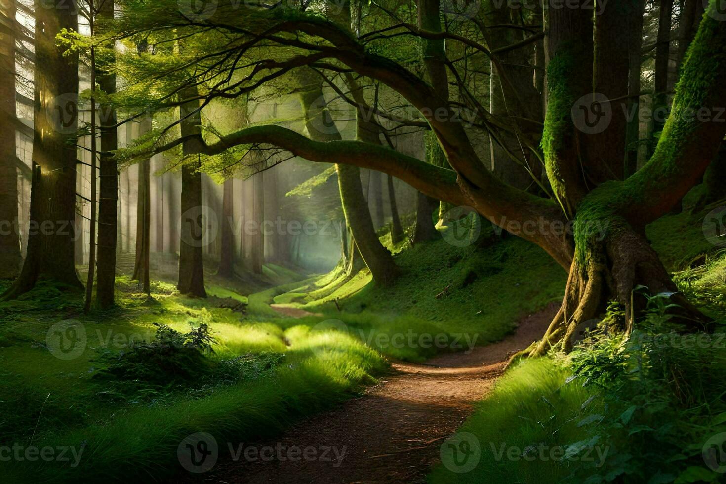 a path through a green forest with trees and grass. AI-Generated photo