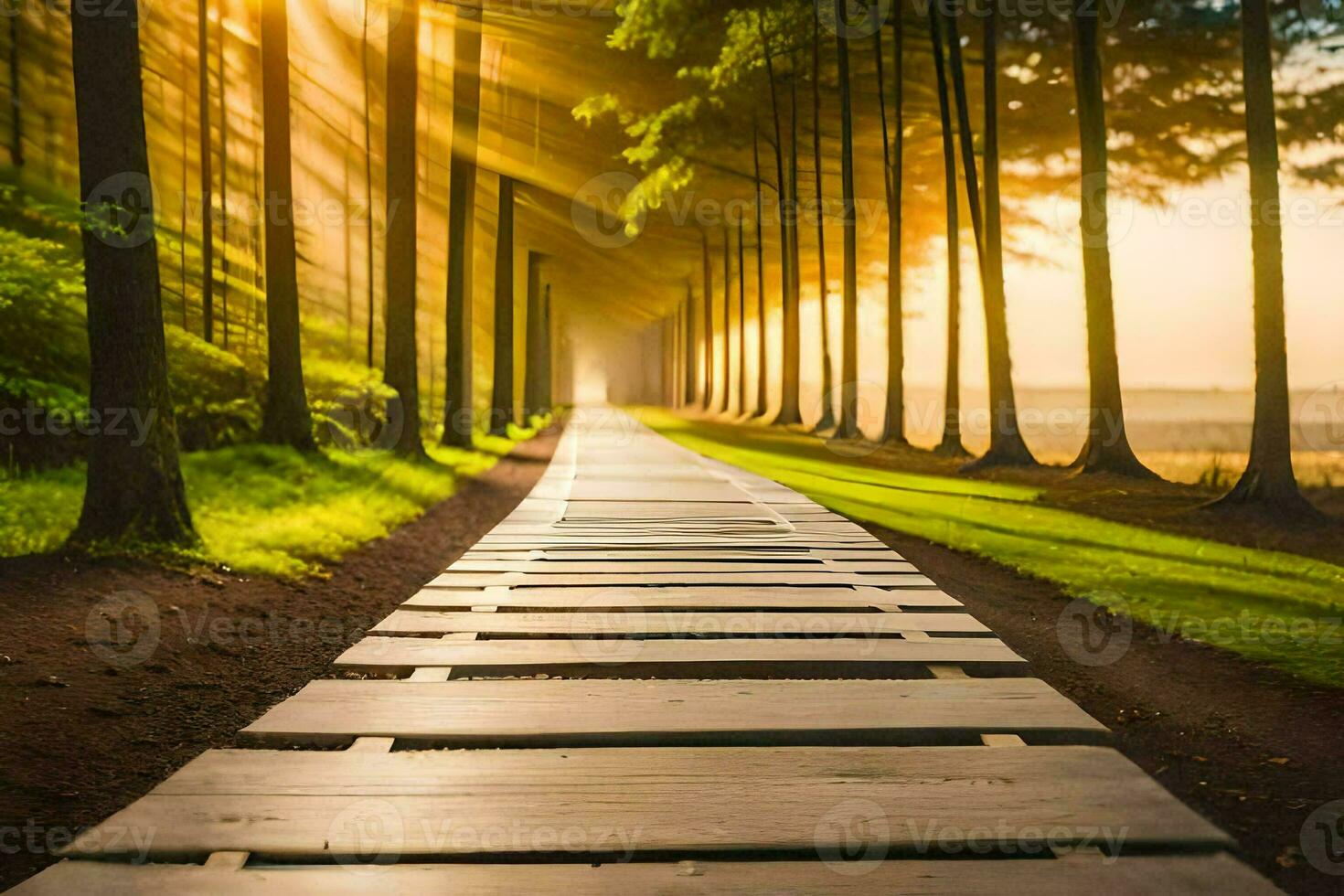 a pathway through the woods with sunbeams shining through. AI-Generated photo